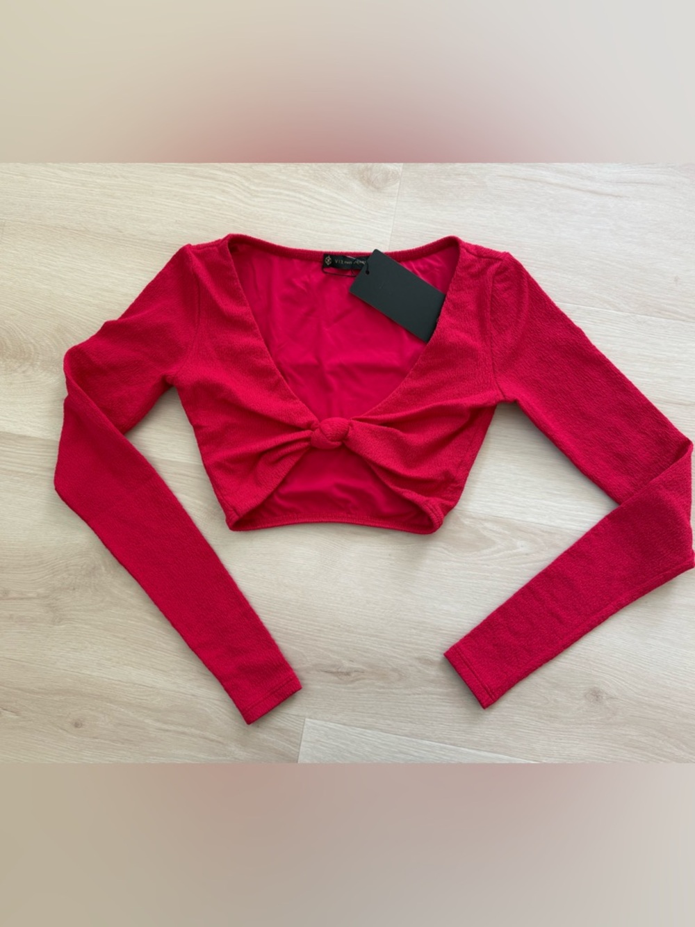 Vix Red Long-Sleeve Knotted Crop Top